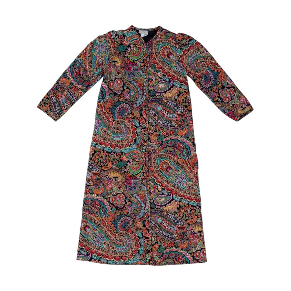 Vintage Paisley Quilted Robe Duster Coat Made in USA Sz. Small Pockets